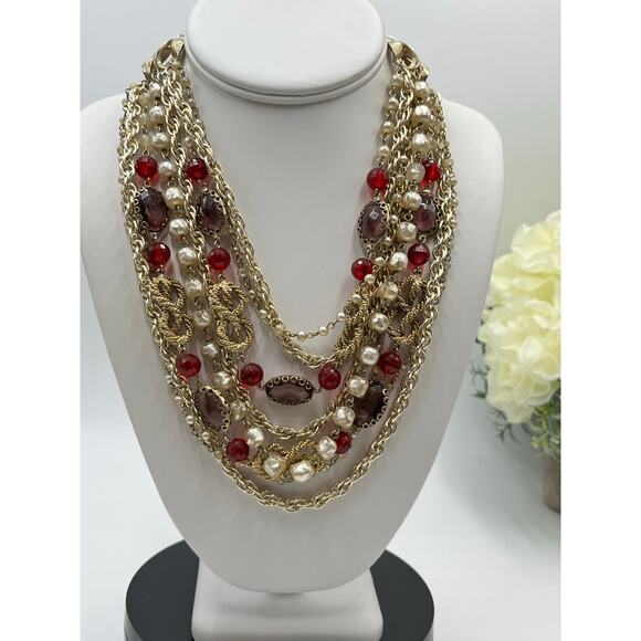 Arthur Pepper ART VintageGold Pearl Red Glass 9 Multi-Strand Statement Necklace
